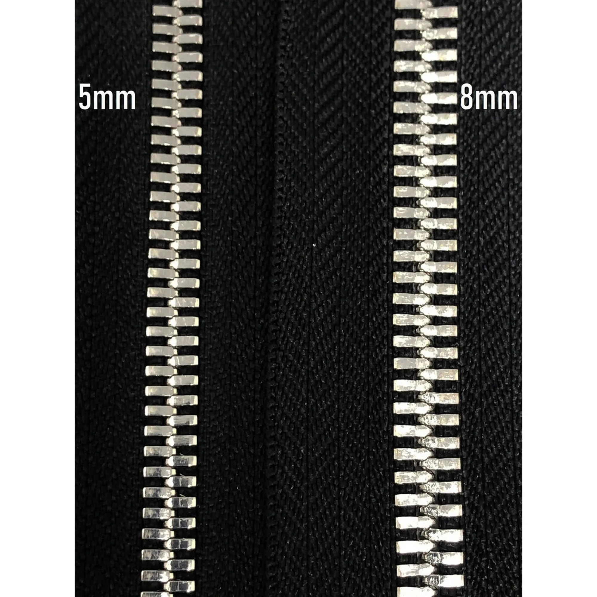 Glossy 5MM or 8MM One-Way Non-Separating Closed Bottom Zipper, Black/Nickel | 7 Inch Length