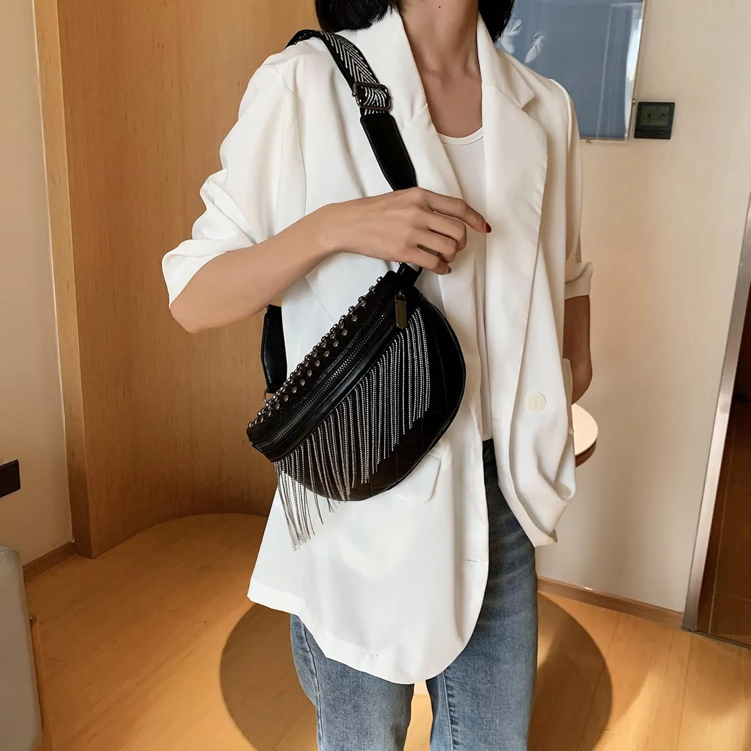 GLT.ETL Fanny pack Chest Bag For women Faux leather Fringe Quilted Waist Bum Cross body Bags Rivet studded Tassel Purses (Black)