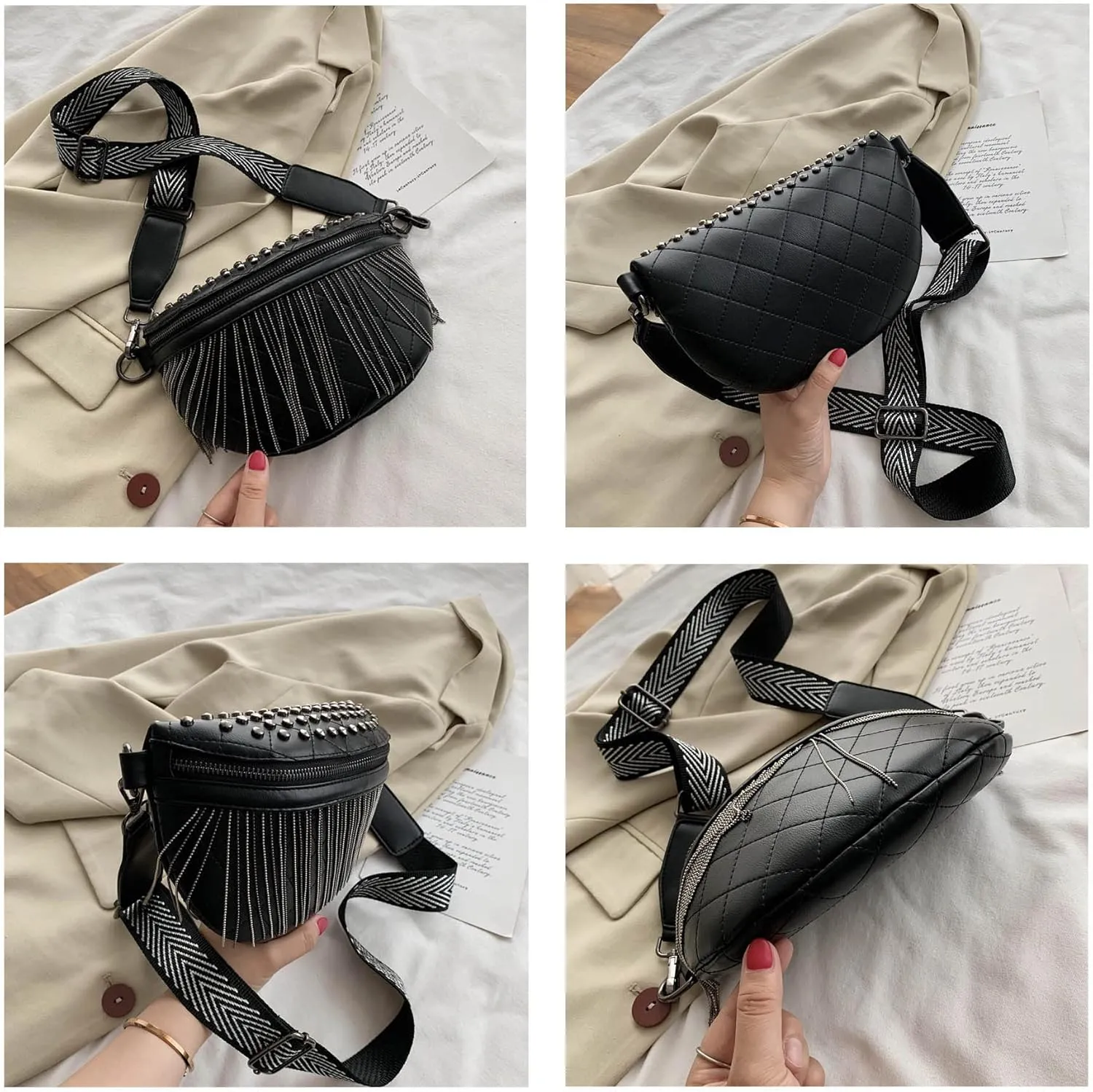 GLT.ETL Fanny pack Chest Bag For women Faux leather Fringe Quilted Waist Bum Cross body Bags Rivet studded Tassel Purses (Black)