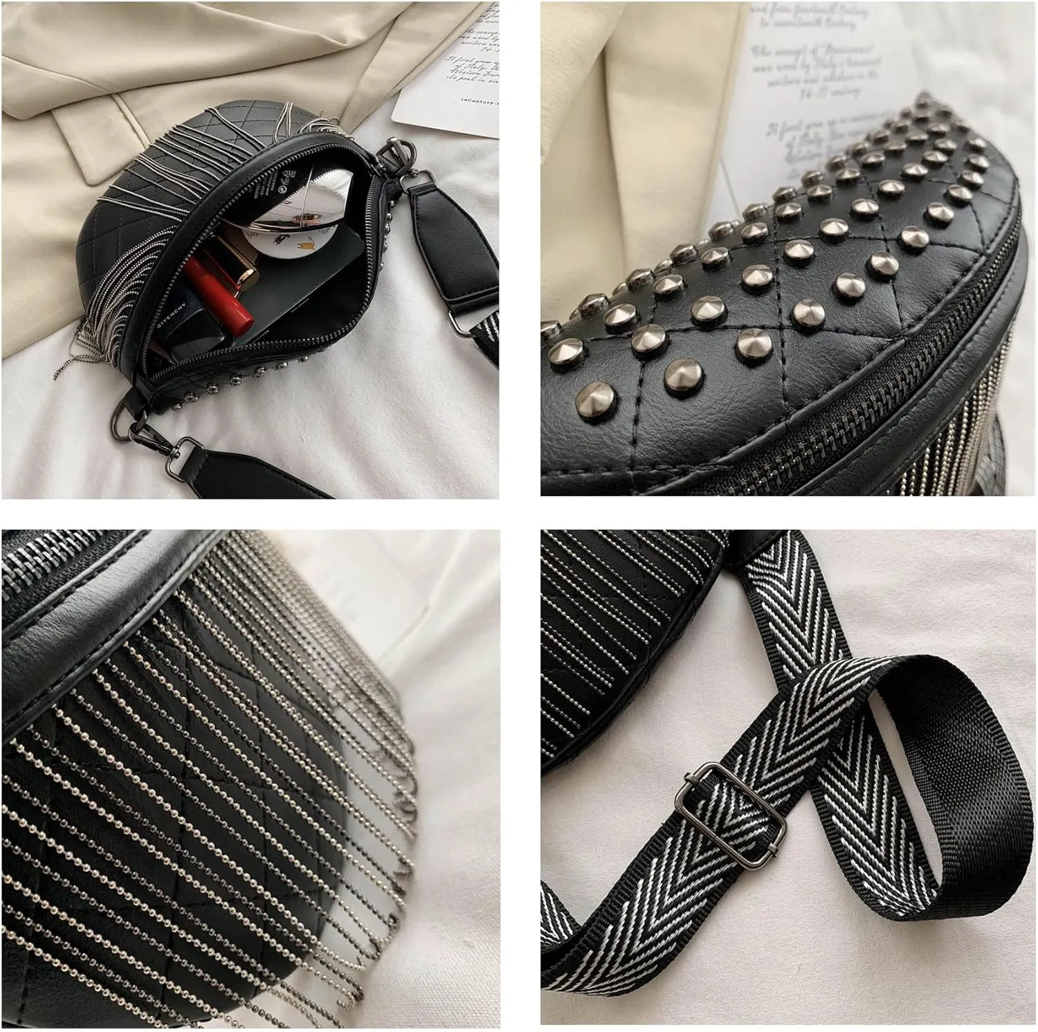 GLT.ETL Fanny pack Chest Bag For women Faux leather Fringe Quilted Waist Bum Cross body Bags Rivet studded Tassel Purses (Black)