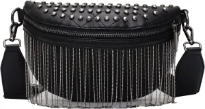 GLT.ETL Fanny pack Chest Bag For women Faux leather Fringe Quilted Waist Bum Cross body Bags Rivet studded Tassel Purses (Black)