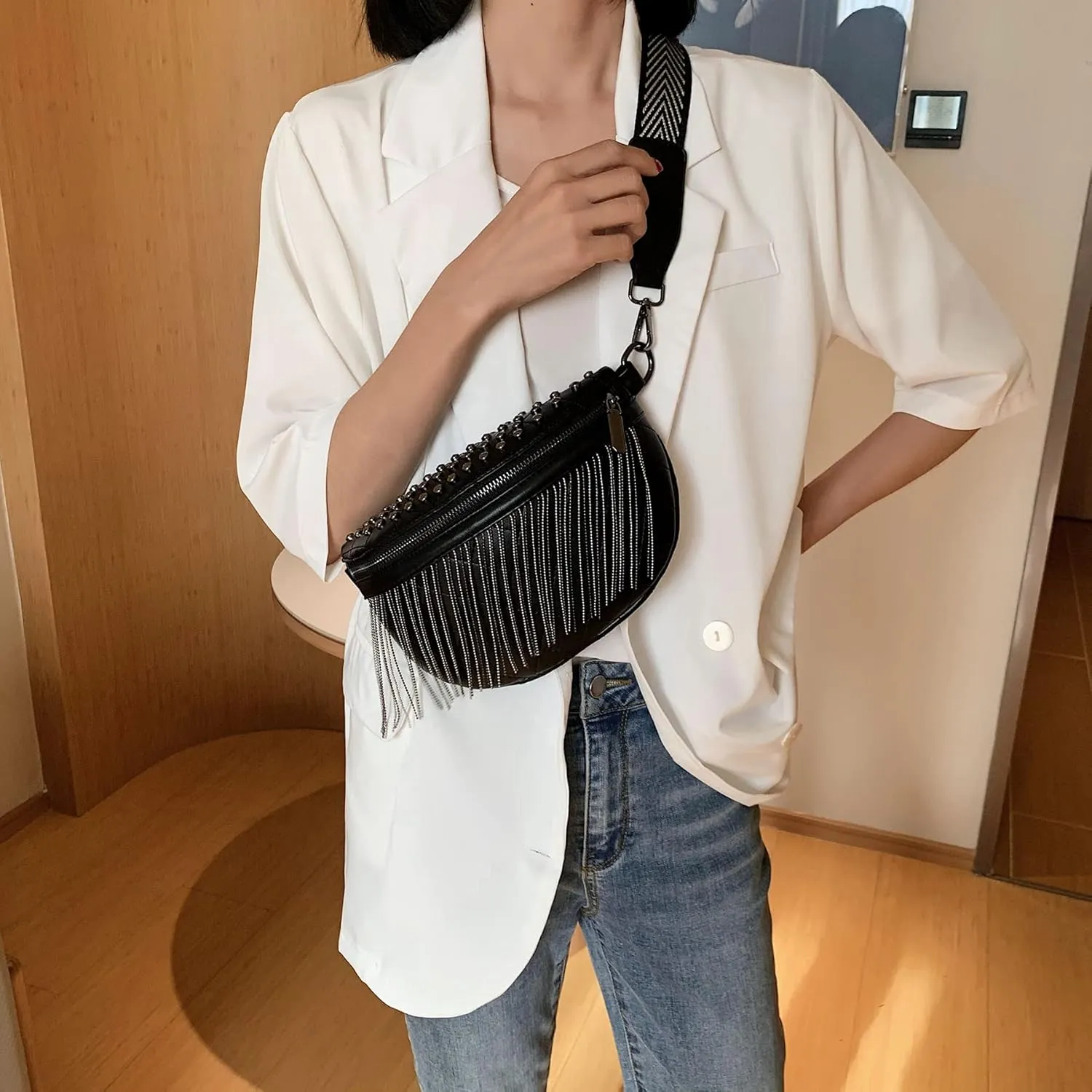 GLT.ETL Fanny pack Chest Bag For women Faux leather Fringe Quilted Waist Bum Cross body Bags Rivet studded Tassel Purses (Black)