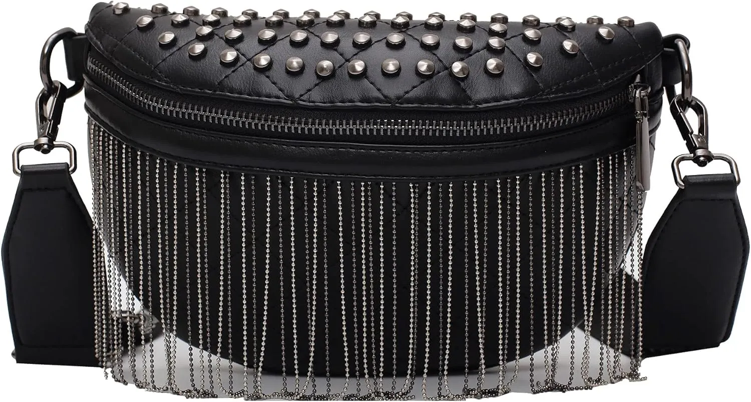 GLT.ETL Fanny pack Chest Bag For women Faux leather Fringe Quilted Waist Bum Cross body Bags Rivet studded Tassel Purses (Black)