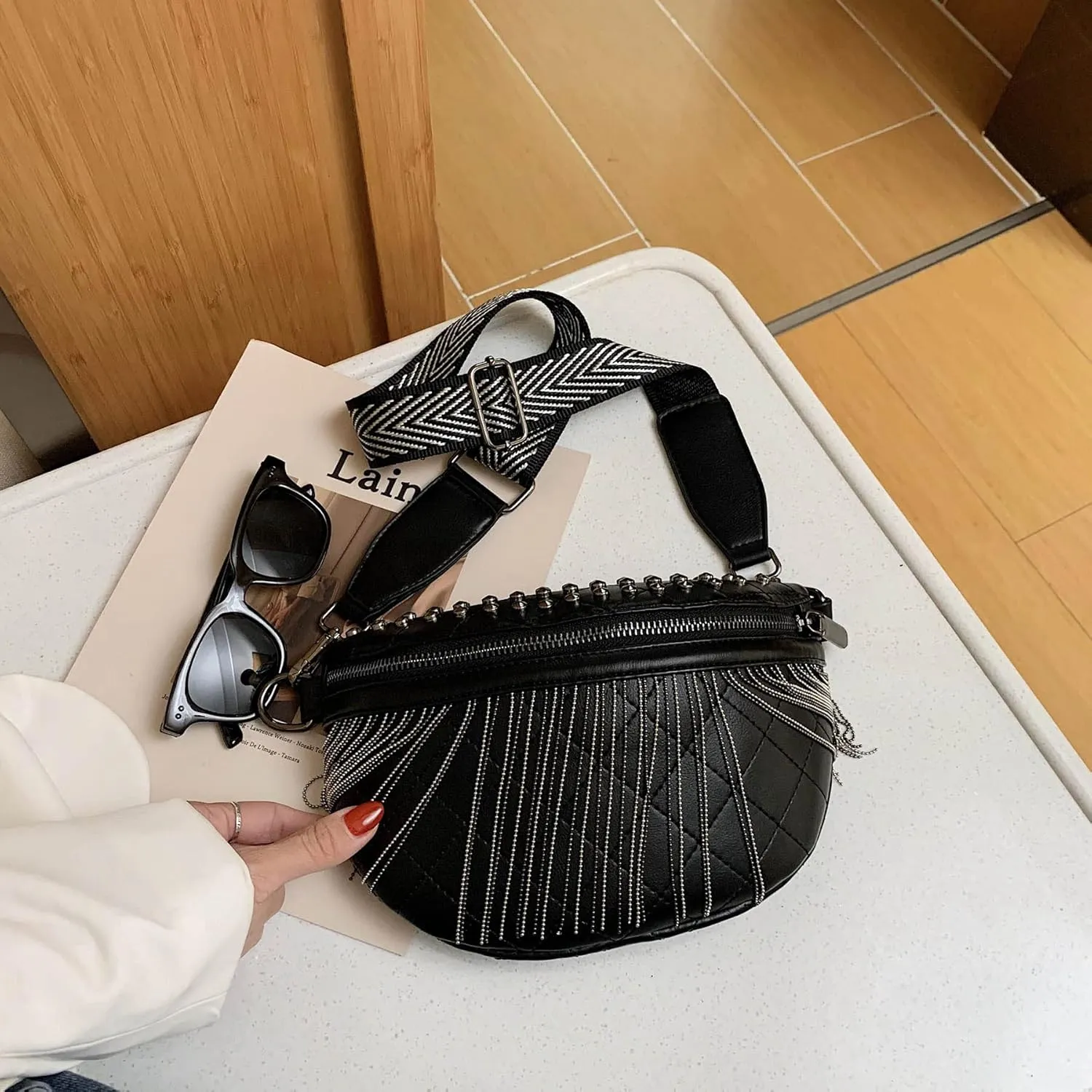 GLT.ETL Fanny pack Chest Bag For women Faux leather Fringe Quilted Waist Bum Cross body Bags Rivet studded Tassel Purses (Black)