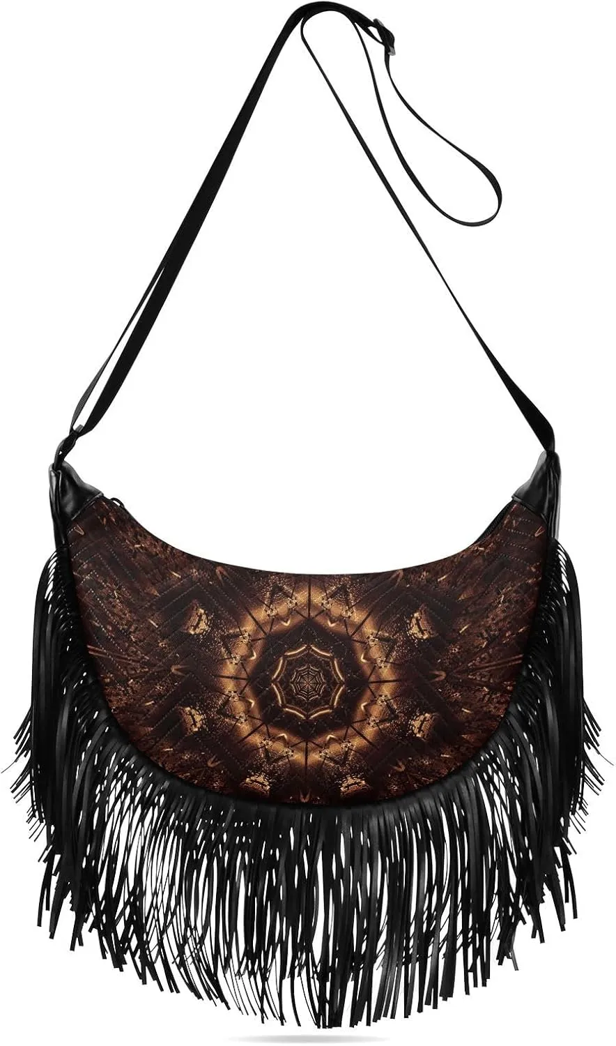 Golden-laser-lights Print Women Tassel Fringe Shoulder bag, Fringe Purse Crossbody, Women Tassel Hobo Bag with Zipper