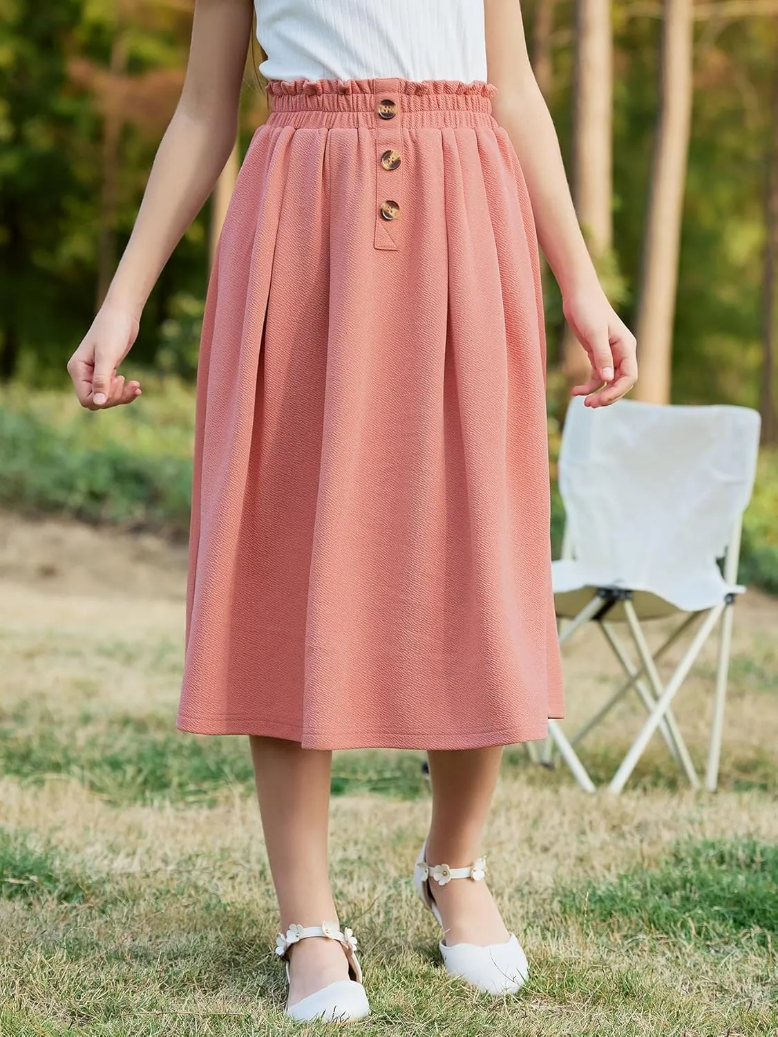 GORLYA Girls Boho Paper Bag Elastic Waist Long Swing Casual Vintage Button Front Maxi Skirt for 6-14Y