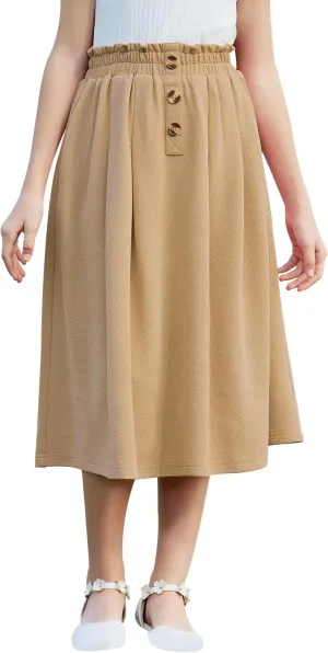 GORLYA Girls Boho Paper Bag Elastic Waist Long Swing Casual Vintage Button Front Maxi Skirt for 6-14Y