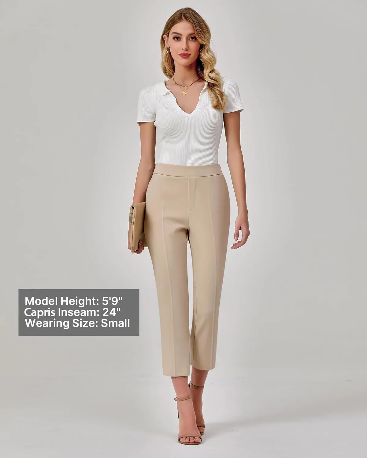 GRAPENT Capri Pants for Women High Waisted Pull On Dress Pants Slim Straight Leg Stretchy Waist Capris Trousers Pants