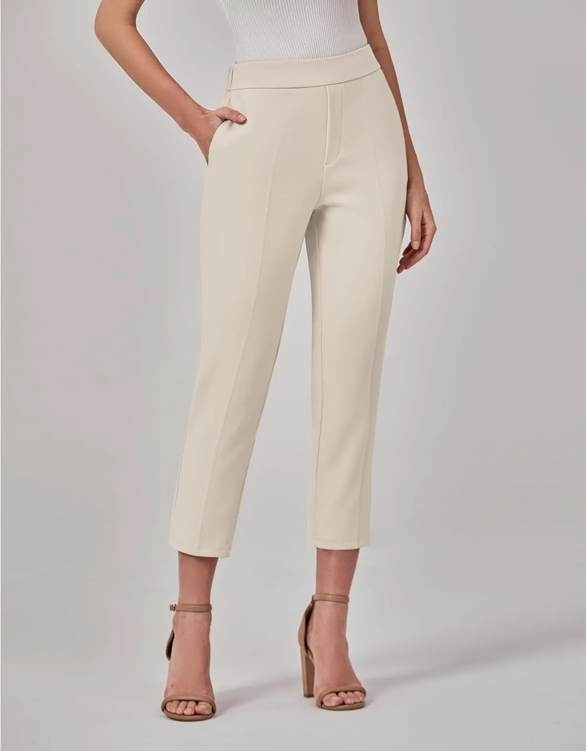 GRAPENT Capri Pants for Women High Waisted Pull On Dress Pants Slim Straight Leg Stretchy Waist Capris Trousers Pants