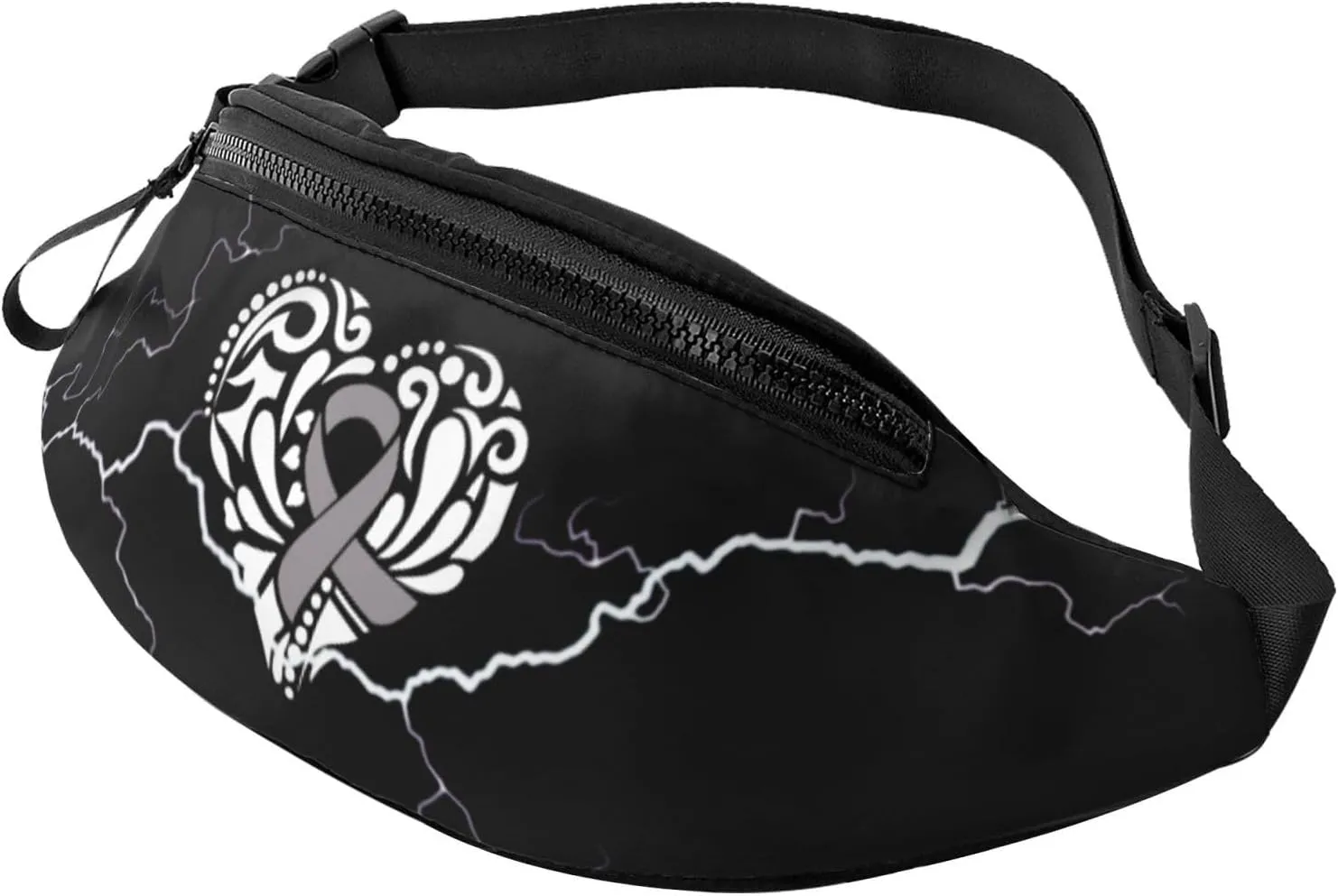 Gray Heart Ribbon Brain Cancer Awareness Crossbody waist bag, fashionable waist bag for teenagers, suitable for traveling, running, hiking