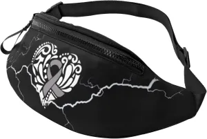 Gray Heart Ribbon Brain Cancer Awareness Crossbody waist bag, fashionable waist bag for teenagers, suitable for traveling, running, hiking
