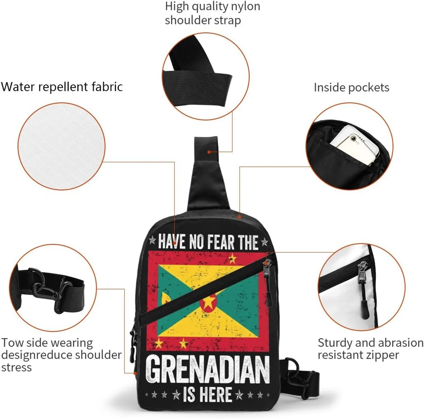 Grenada Flag Have No Fear The Grenadian Packable Crossbody Bag Portable Sling Bags Foldable Travel Daypack Reusable Sports Shoulder Backpack Diagonally Chest Bag for Workout