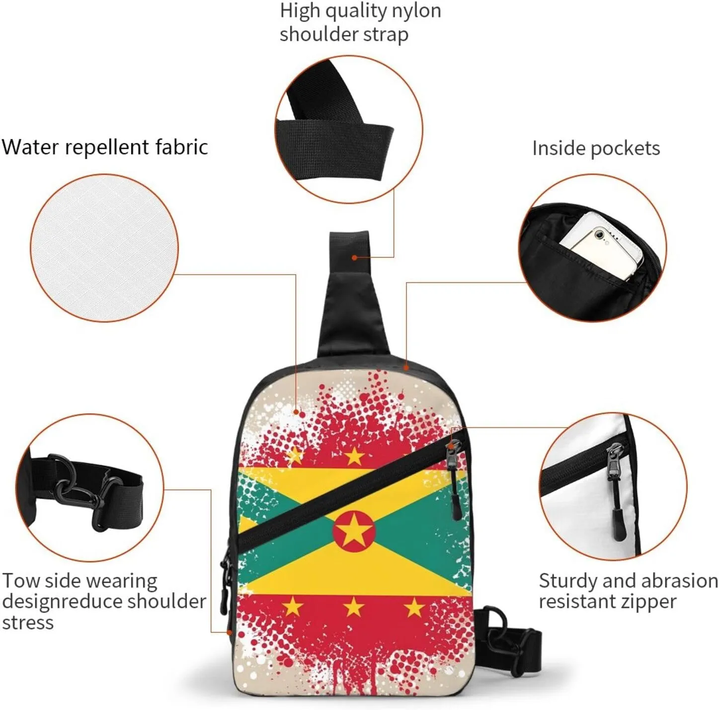 Grenada Flag Packable Crossbody Bag Portable Sling Bags Foldable Travel Daypack Reusable Sports Shoulder Backpack Diagonally Chest Bag for Workout