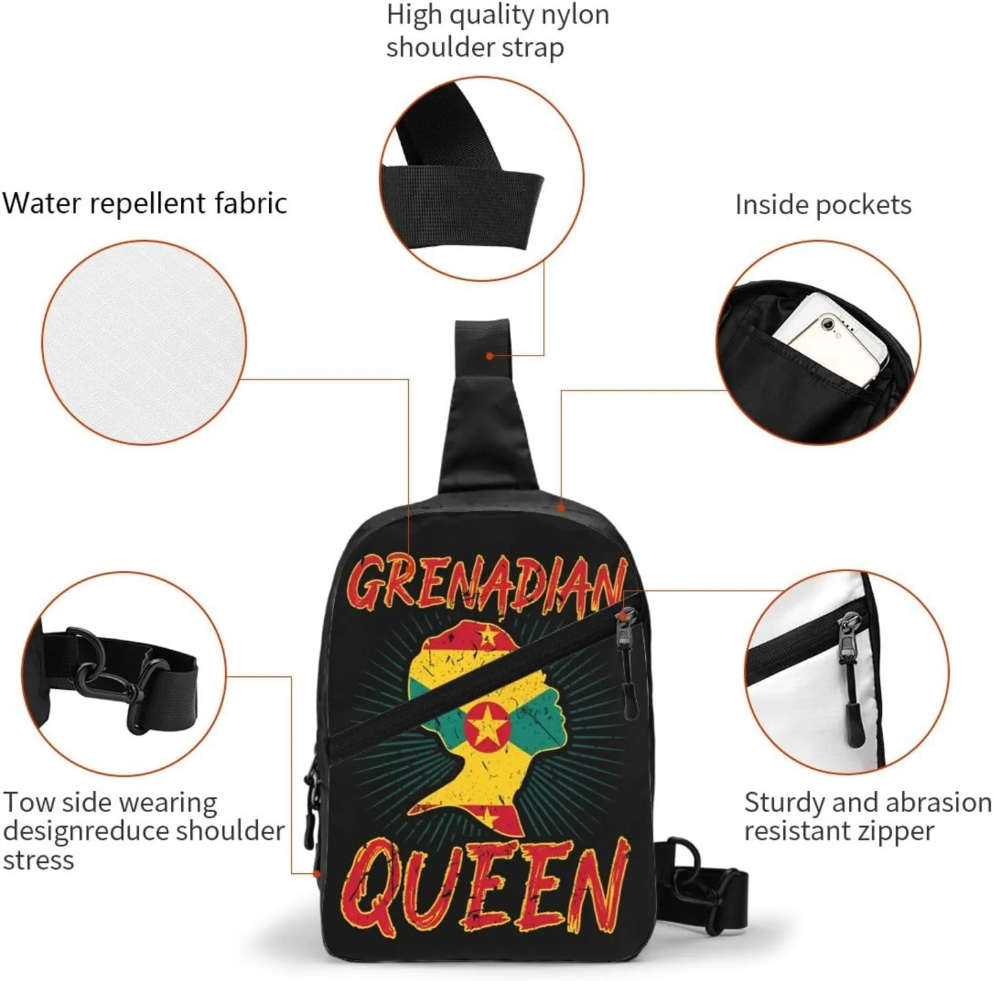 Grenadian Queen Grenada Culture Cultural Afro Pride Flag Packable Crossbody Bag Portable Sling Bags Foldable Travel Daypack Reusable Sports Shoulder Backpack Diagonally Chest Bag for Workout