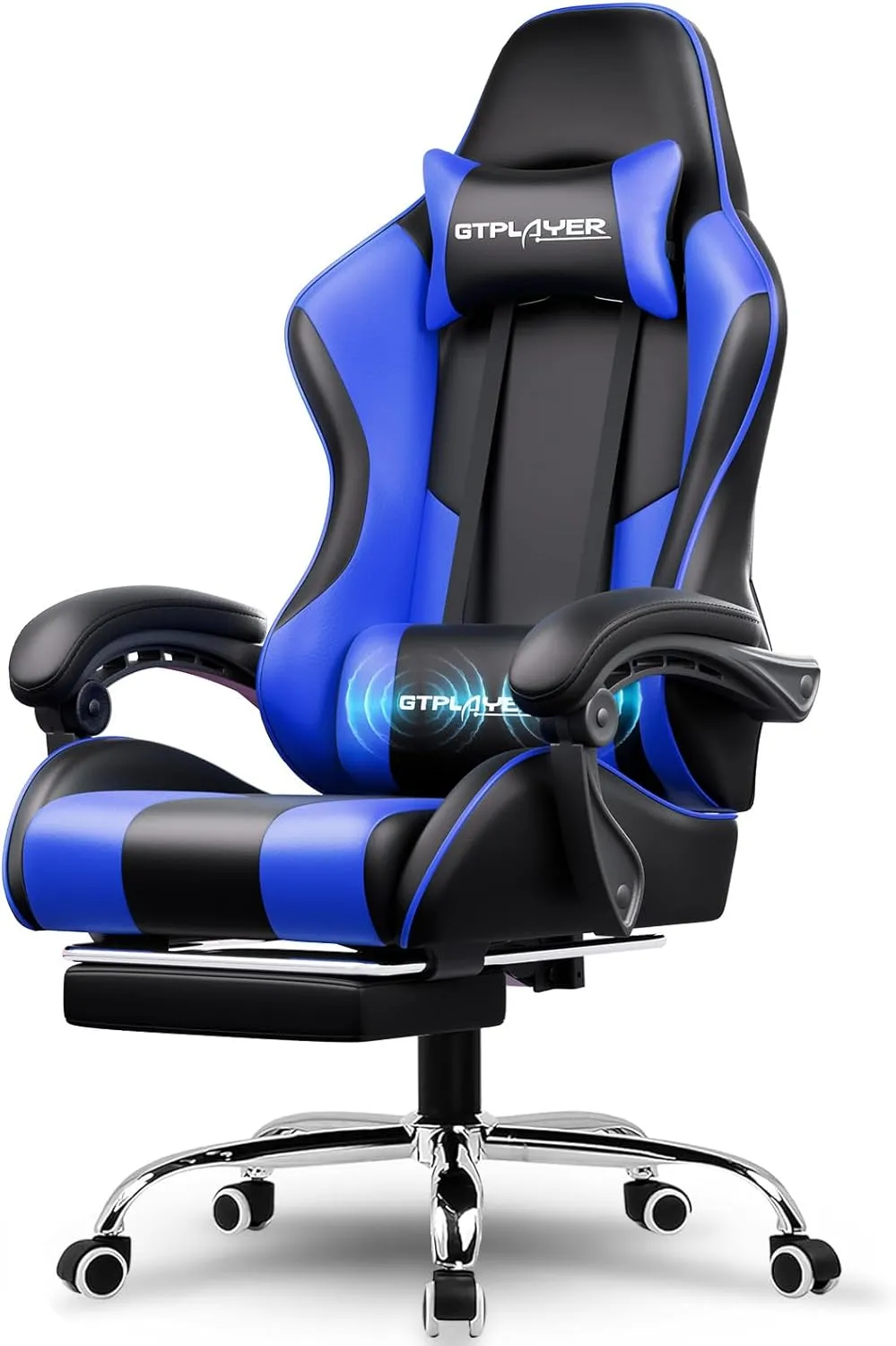 GTPLAYER Gaming Chair, Computer Chair with Footrest and Lumbar Support, Height Adjustable Game Chair with 360°-Swivel Seat and Headrest and for Office or Gaming ((Blue)