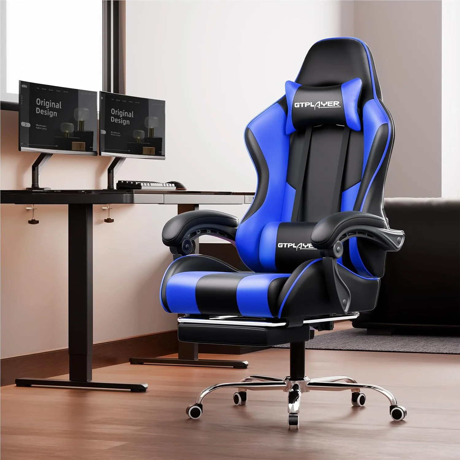 GTPLAYER Gaming Chair, Computer Chair with Footrest and Lumbar Support, Height Adjustable Game Chair with 360°-Swivel Seat and Headrest and for Office or Gaming ((Blue)