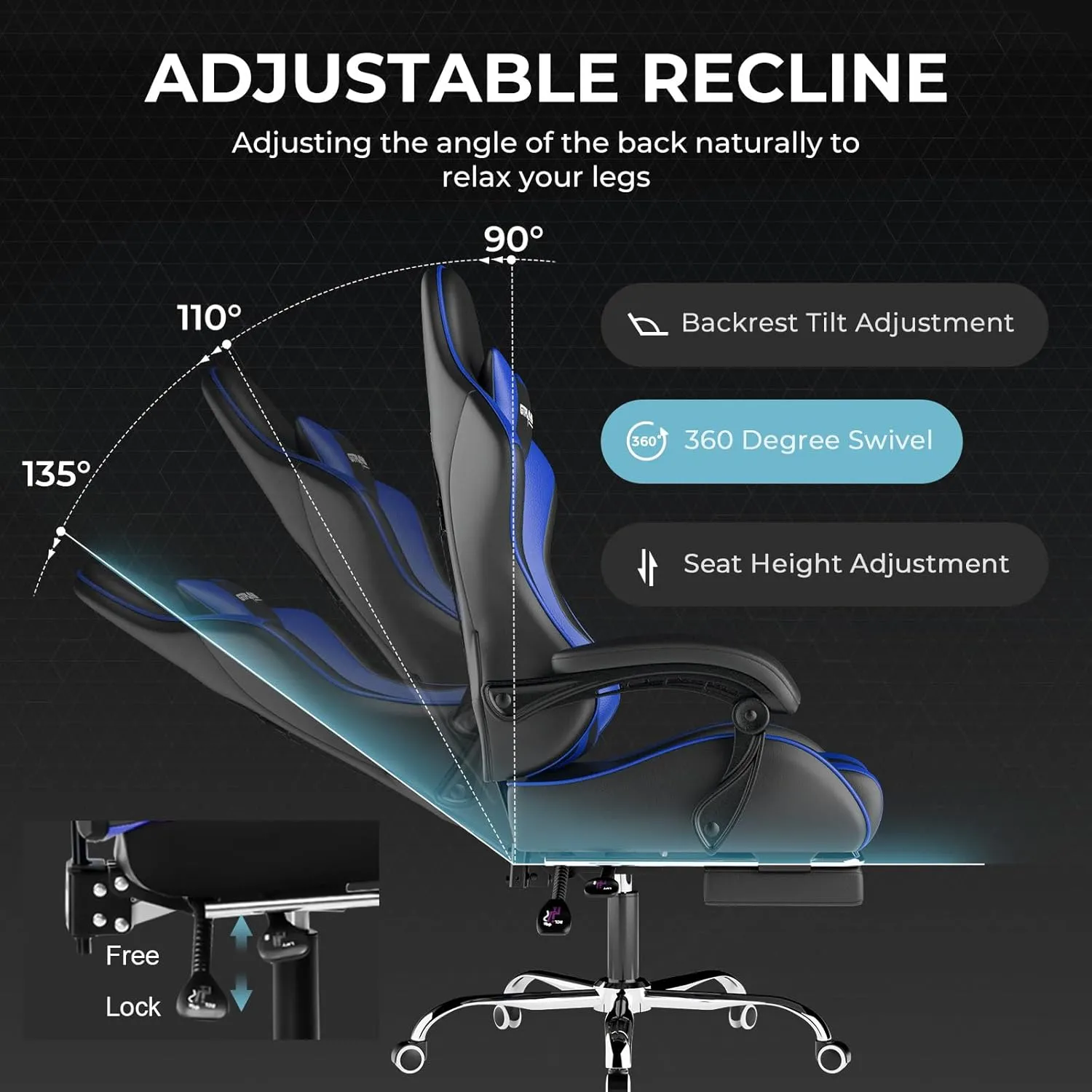GTPLAYER Gaming Chair, Computer Chair with Footrest and Lumbar Support, Height Adjustable Game Chair with 360°-Swivel Seat and Headrest and for Office or Gaming ((Blue)