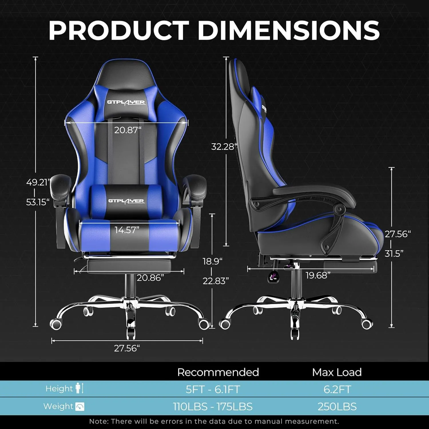 GTPLAYER Gaming Chair, Computer Chair with Footrest and Lumbar Support, Height Adjustable Game Chair with 360°-Swivel Seat and Headrest and for Office or Gaming ((Blue)