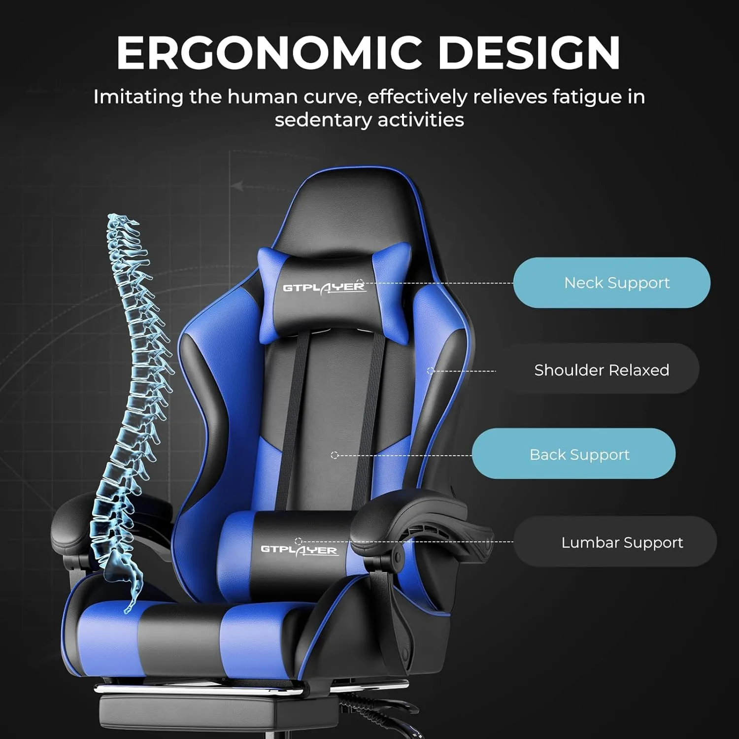 GTPLAYER Gaming Chair, Computer Chair with Footrest and Lumbar Support, Height Adjustable Game Chair with 360°-Swivel Seat and Headrest and for Office or Gaming ((Blue)