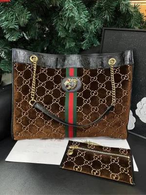 Gucci Velvet Patchwork Tiger Head Brown Tote Shoulder Bag