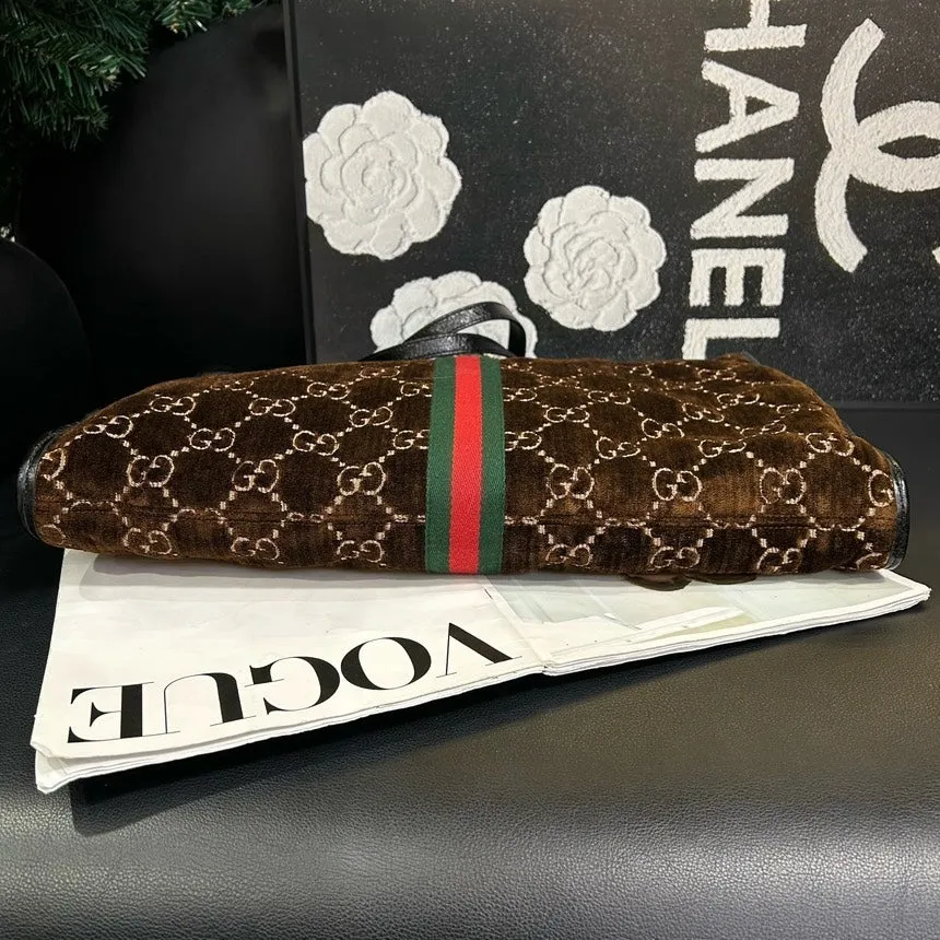 Gucci Velvet Patchwork Tiger Head Brown Tote Shoulder Bag