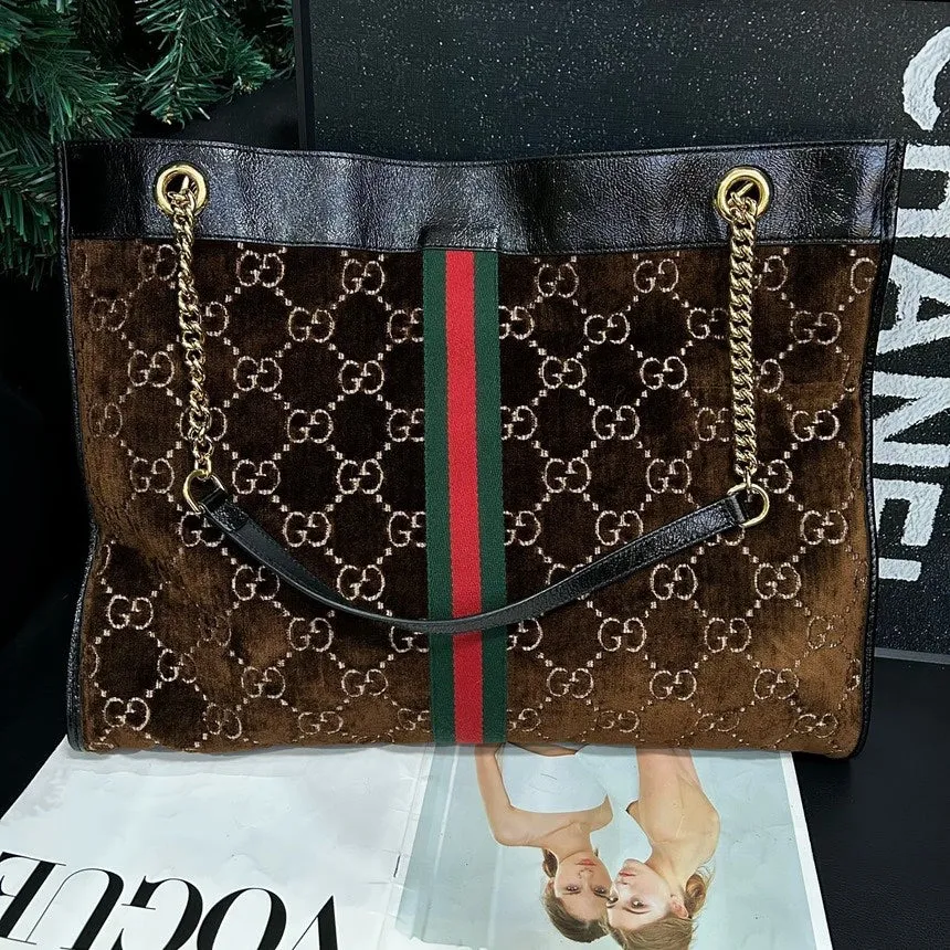 Gucci Velvet Patchwork Tiger Head Brown Tote Shoulder Bag