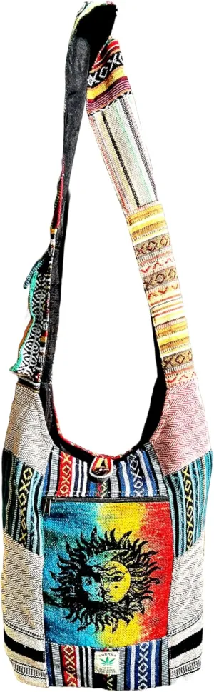 Gurkha Colorful Patchwork Hemp Vegan Shoulder Bag American Style 14 IN Multi-Purpose Unisex Cross Body Shopping Bag - Handmade In Everest Country Nepal