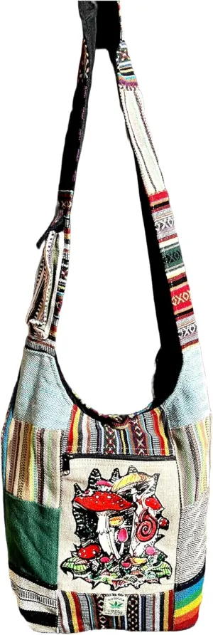 Gurkha Patchwork Hemp Shoulder Bag American Style 14 IN Multi-Purpose Womens Unisex Cross Body Shopping Bag - Handmade In Everest Country Nepal