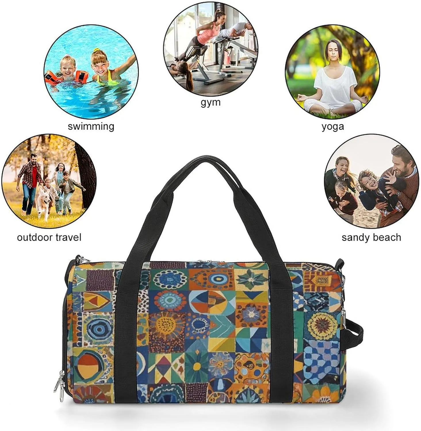 Gym Bag African Style Patchwork Duffel Bag for Men Women Travel Overnight Bag with Shoe Compartment Workout Bags