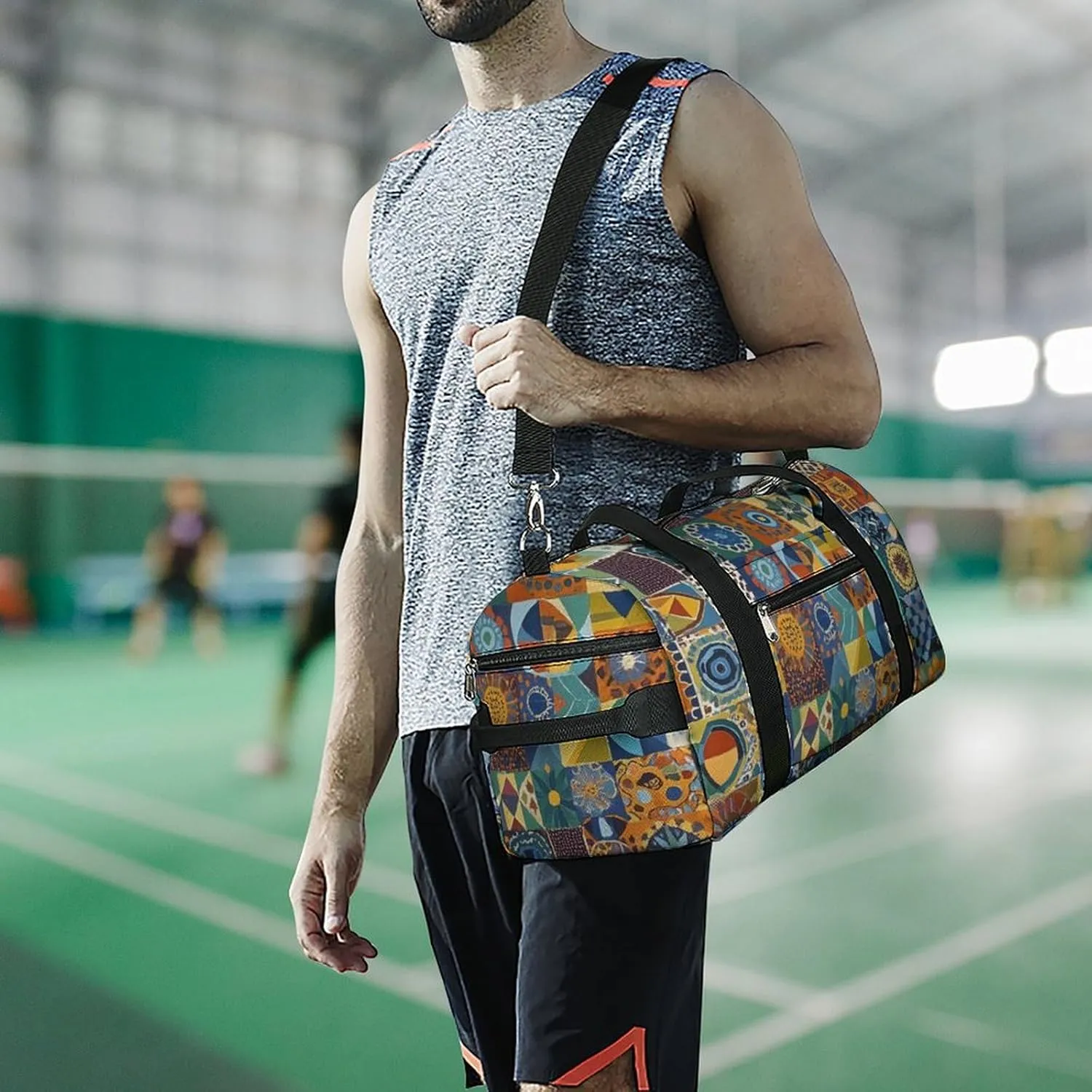Gym Bag African Style Patchwork Duffel Bag for Men Women Travel Overnight Bag with Shoe Compartment Workout Bags