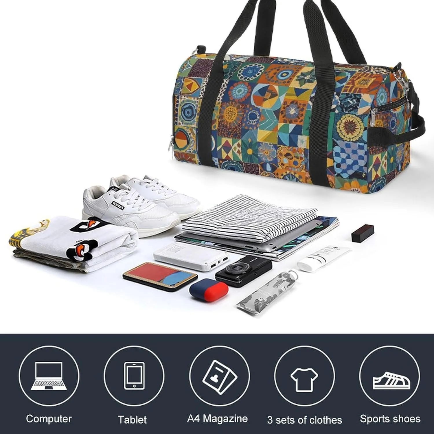 Gym Bag African Style Patchwork Duffel Bag for Men Women Travel Overnight Bag with Shoe Compartment Workout Bags