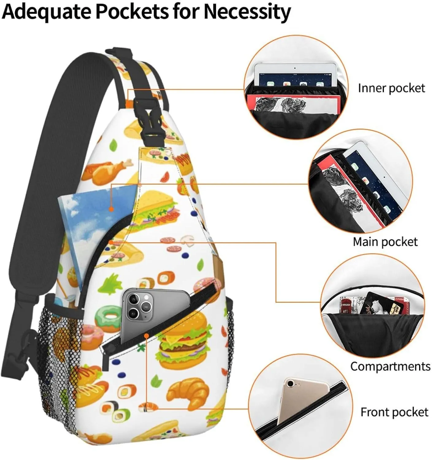 Hamburger Crossbody Sling Backpack Sling Bag Adjustable Chest Shoulder Daypack For Women Men