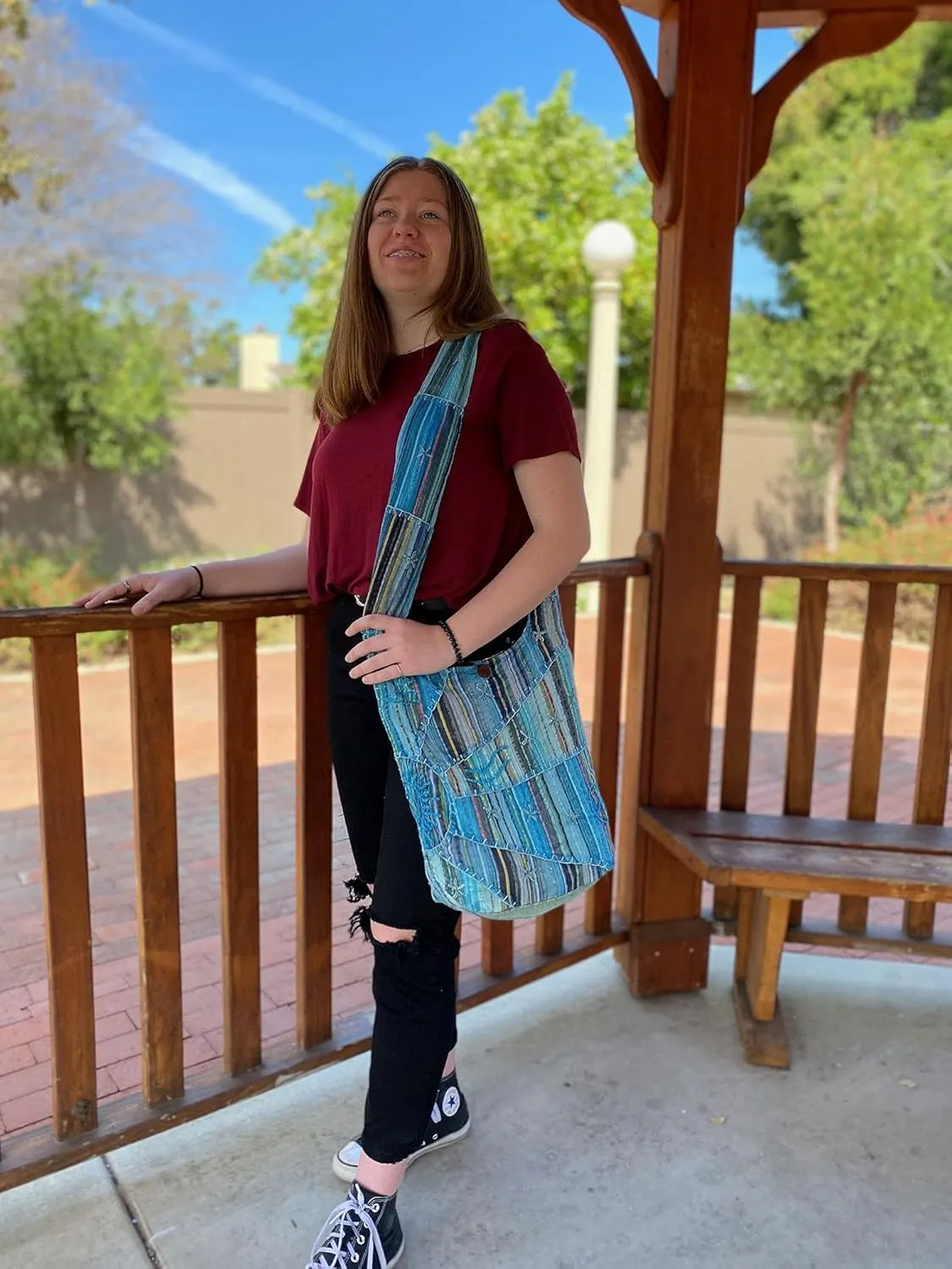 Hand Embroidered Peace and Sunrise Boho Crossbody Hippie Handbag - Unique, Ethical, and Vibrant for the Free-Spirited Soul