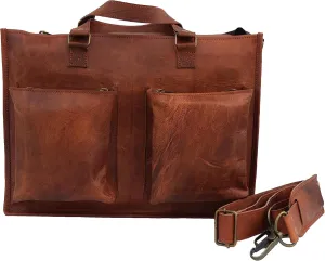 Handcrafted Full Grain Vintage Leather Briefcase Messenger Bag For Men Women, Business Office Laptop Satchel Shoulder Bags, 15 Inch Medium