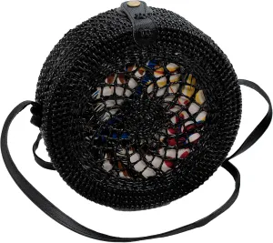 Handwoven Round rattan bag for Women Shoulder bags with tassels and leather strap (Black (Large))