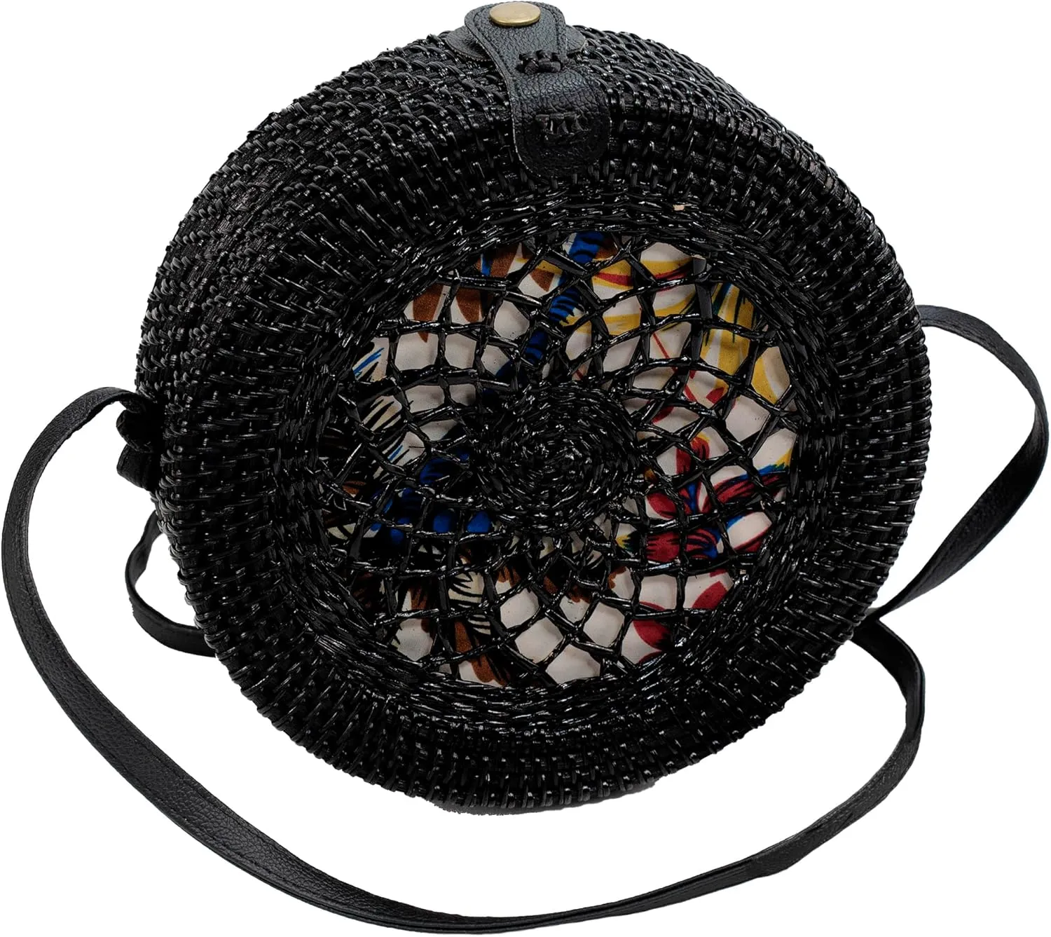 Handwoven Round rattan bag for Women Shoulder bags with tassels and leather strap (Black (Large))
