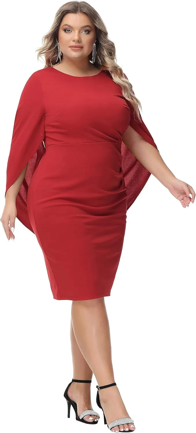 Hanna Nikole Women Plus Size Chiffon Cape Dresses Ruffle Style Midi Bodycon Cocktail Dress