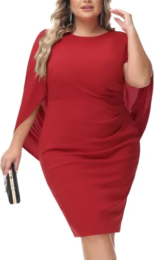 Hanna Nikole Women Plus Size Chiffon Cape Dresses Ruffle Style Midi Bodycon Cocktail Dress