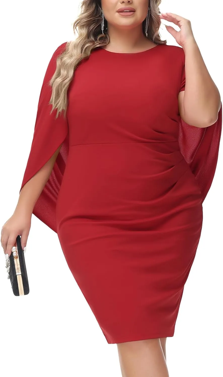 Hanna Nikole Women Plus Size Chiffon Cape Dresses Ruffle Style Midi Bodycon Cocktail Dress