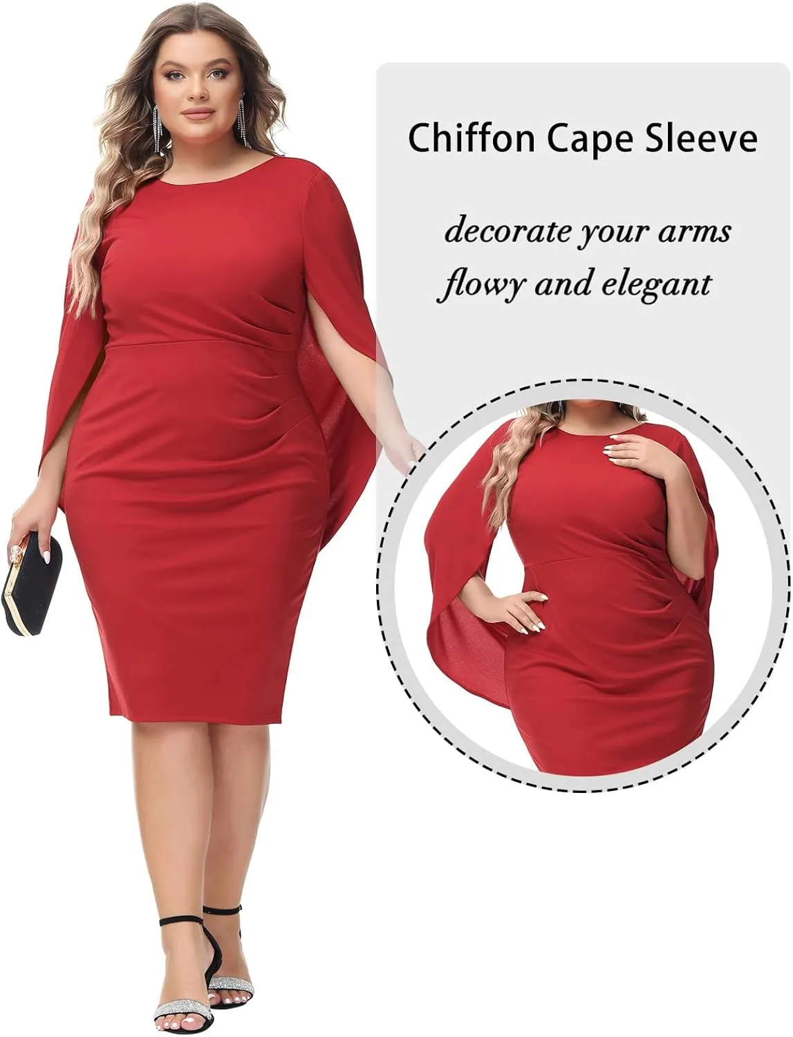Hanna Nikole Women Plus Size Chiffon Cape Dresses Ruffle Style Midi Bodycon Cocktail Dress