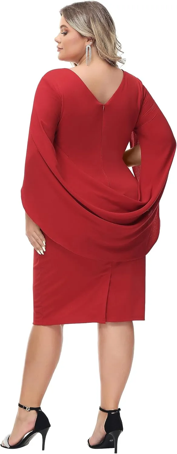 Hanna Nikole Women Plus Size Chiffon Cape Dresses Ruffle Style Midi Bodycon Cocktail Dress
