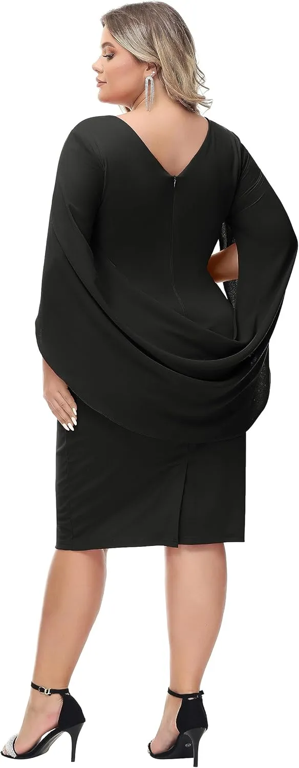Hanna Nikole Women Plus Size Chiffon Cape Dresses Ruffle Style Midi Bodycon Cocktail Dress