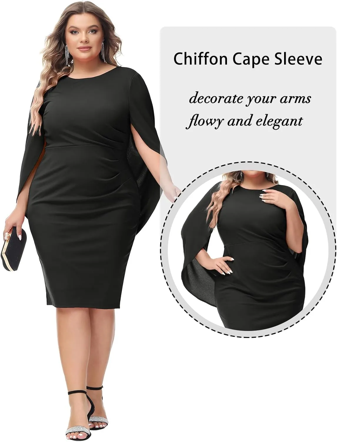 Hanna Nikole Women Plus Size Chiffon Cape Dresses Ruffle Style Midi Bodycon Cocktail Dress