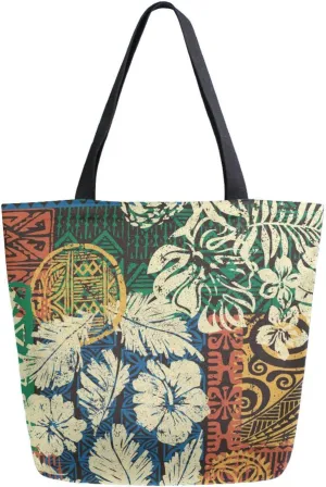 Hawaiian Tribal Hibiscus Canvas Tote Bag Retro Fabric Patchwork Vintage Women Shoulder Bag Reusable Grocery Bags Large Handbag Travel Shopping Bag for School Nursing Gift Outdoors