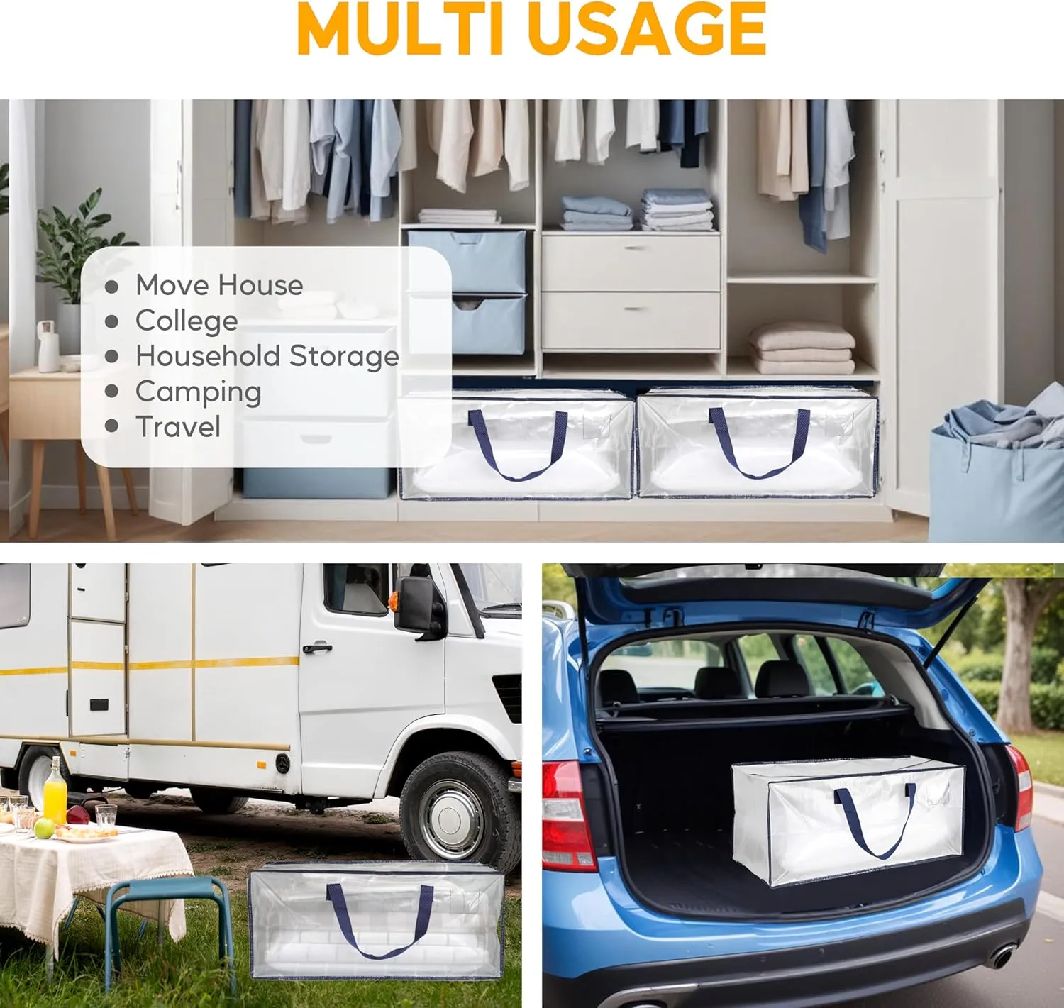 HealSmart 4 Pack Extra Large Moving Bags with Zippers & Carrying Handles, Heavy-Duty Storage Tote Moving Boxes for Dorm Room Essentials Storage Bags, Clear