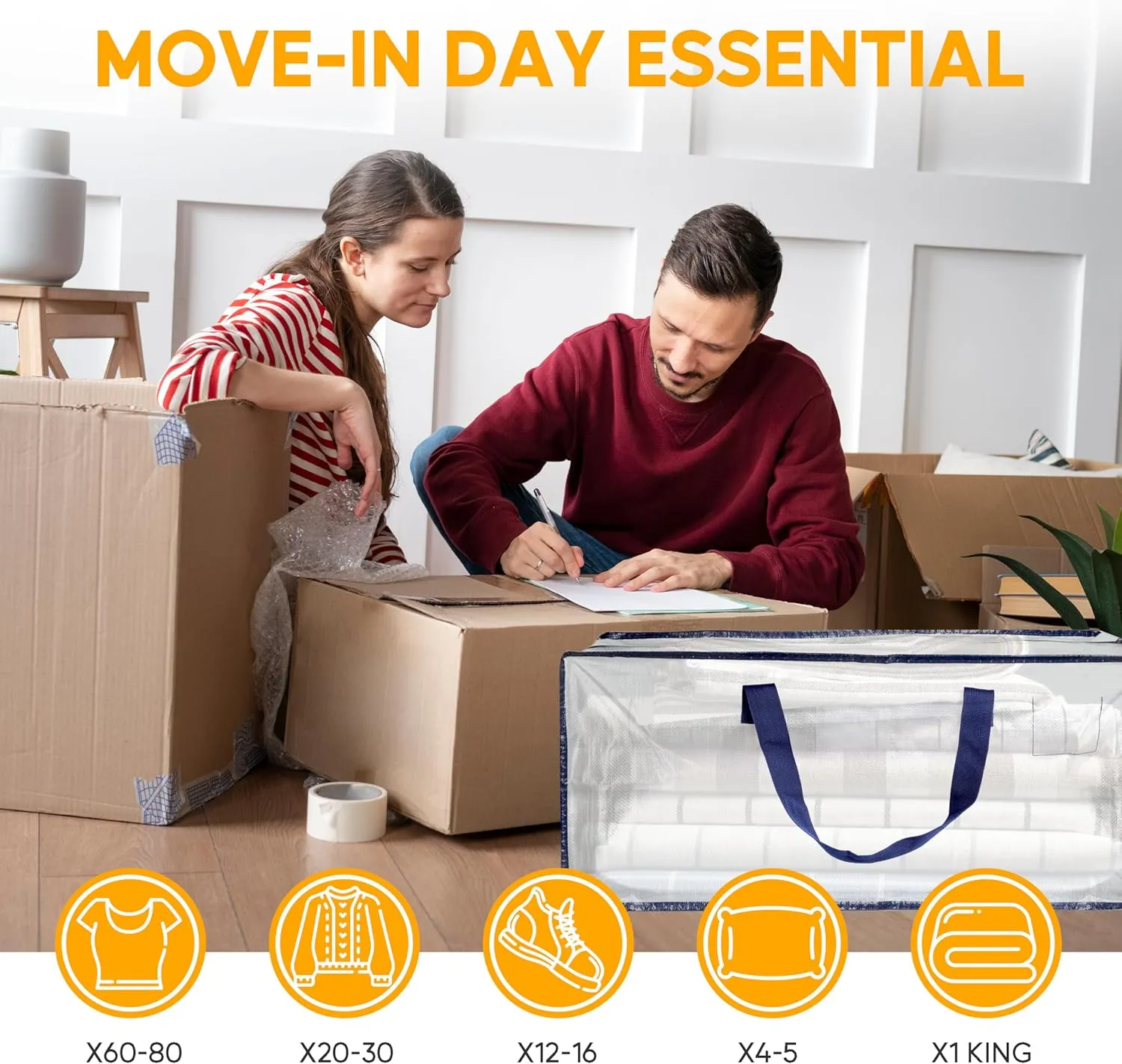HealSmart 4 Pack Extra Large Moving Bags with Zippers & Carrying Handles, Heavy-Duty Storage Tote Moving Boxes for Dorm Room Essentials Storage Bags, Clear