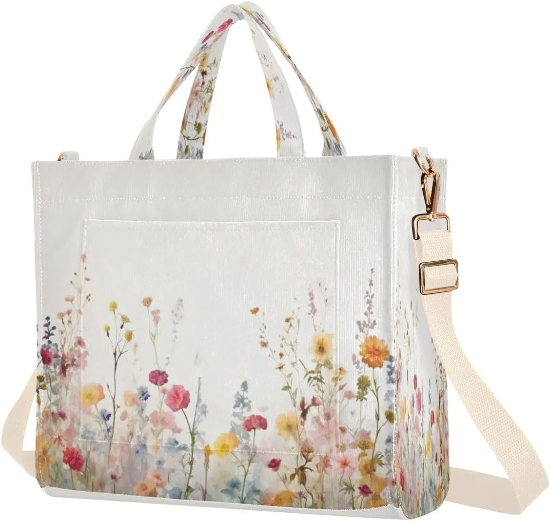 Herbs Wildflowers Corduroy Tote Bag for Women Hobo Crossbody Bag Purse Stylish Shoulder Handbag Messenger Bags, S