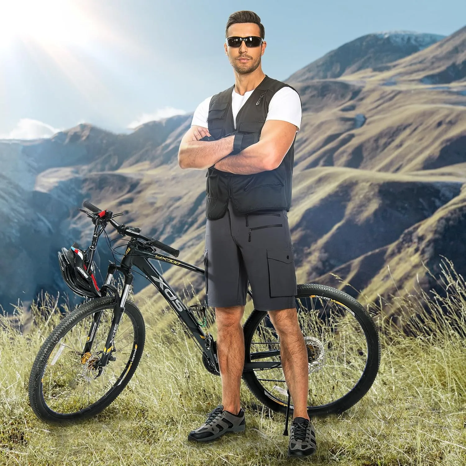 Hiauspor Men's Mountain Bike Shorts Stretch Cycling Quick Dry Hiking Cargo Shorts for Work Golf Fishing Tactical
