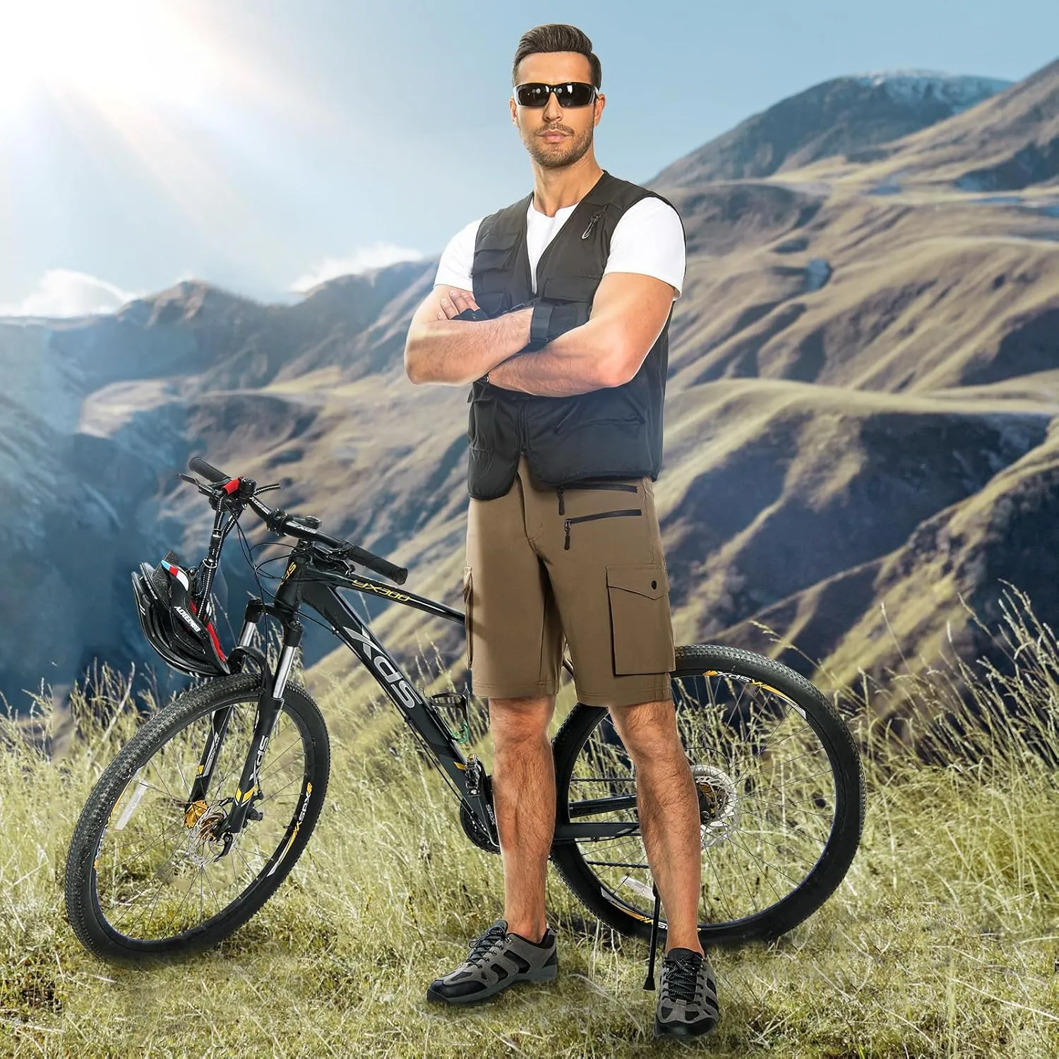 Hiauspor Men's Mountain Bike Shorts Stretch Cycling Quick Dry Hiking Cargo Shorts for Work Golf Fishing Tactical