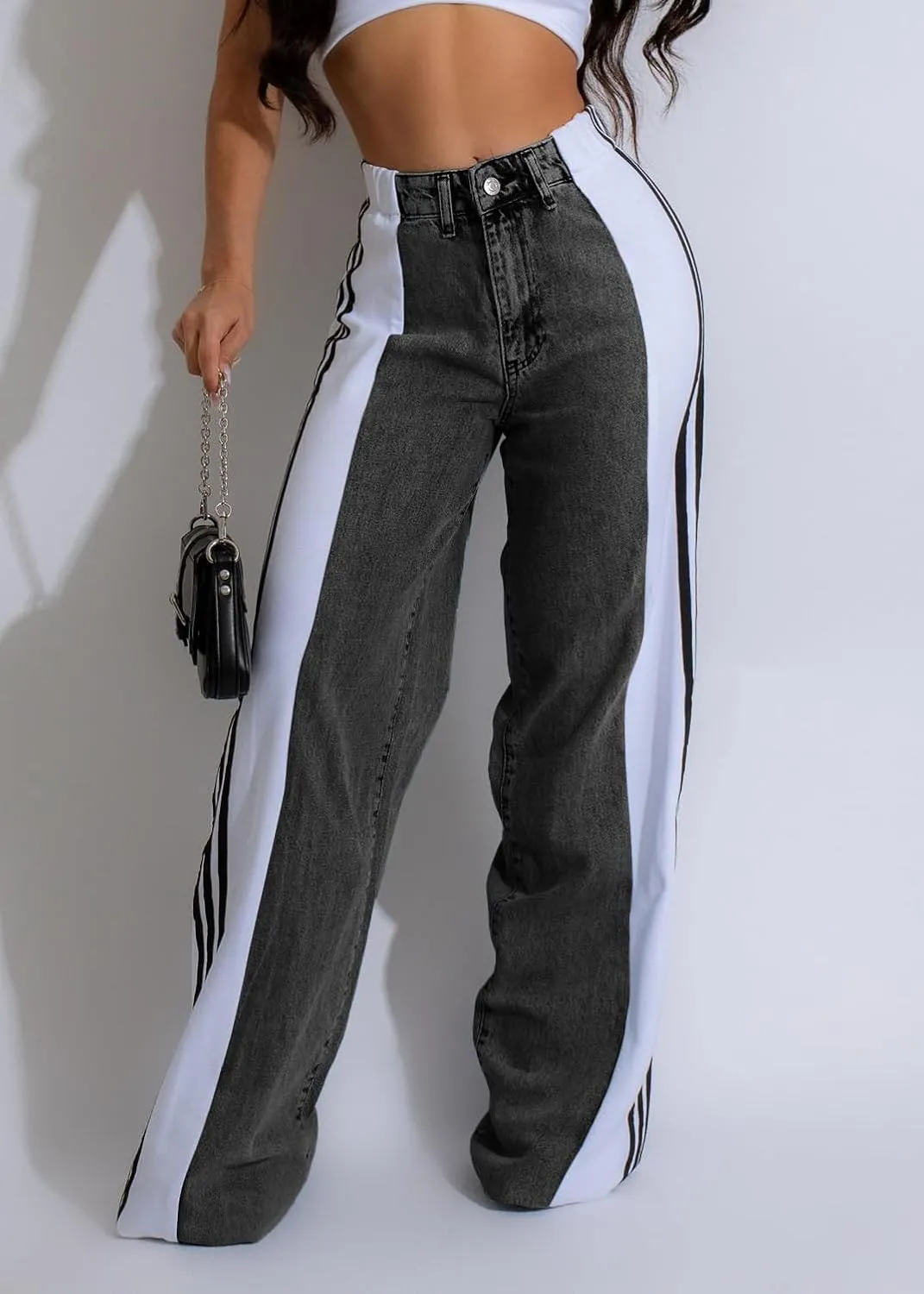 High-Waisted Denim Wide-Leg Jeans, Striped Side Panel Design, Stretch Bootcut, Light Blue